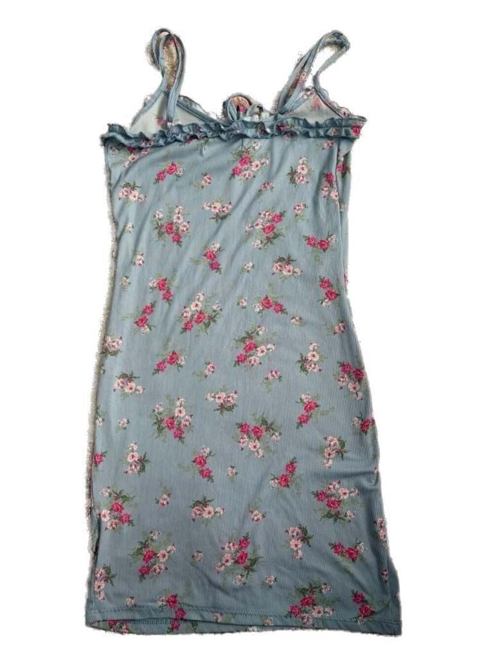 No Comment Women's Blue Ribbed Floral Print Mini Bodycon Dress with Ruffle Trim - Picture 2 of 4